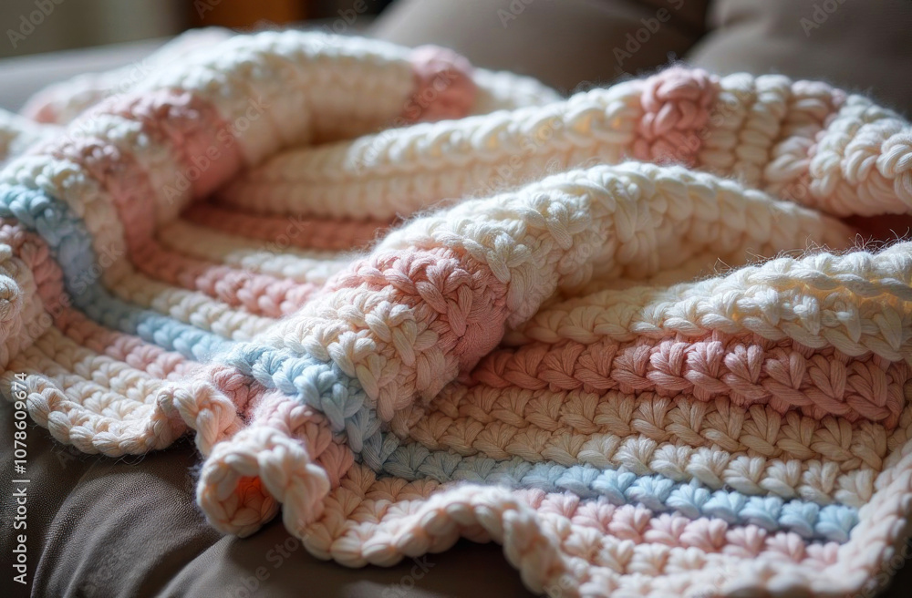 A soft crocheted blanket lies over a couch, showcasing pastel pink, blue, and cream colors in a cozy living room A soft crocheted blanket lies over a couch, showcasing pastel pink, blue, and cream colors in a cozy living room