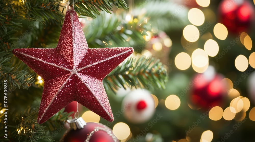 A close-up of a Christmas ornament shaped like a star, hanging on a festive tree. A close-up of a Christmas ornament shaped like a star, hanging on a festive tree.