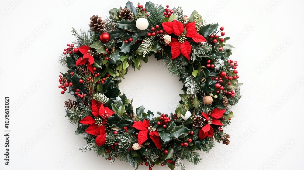 A festive holiday wreath with red and white decorations hanging on a white wall. A festive holiday wreath with red and white decorations hanging on a white wall.