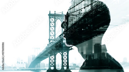 A silhouette blends with the Manhattan Bridge, creating a striking double exposure showcasing urban life and identity.