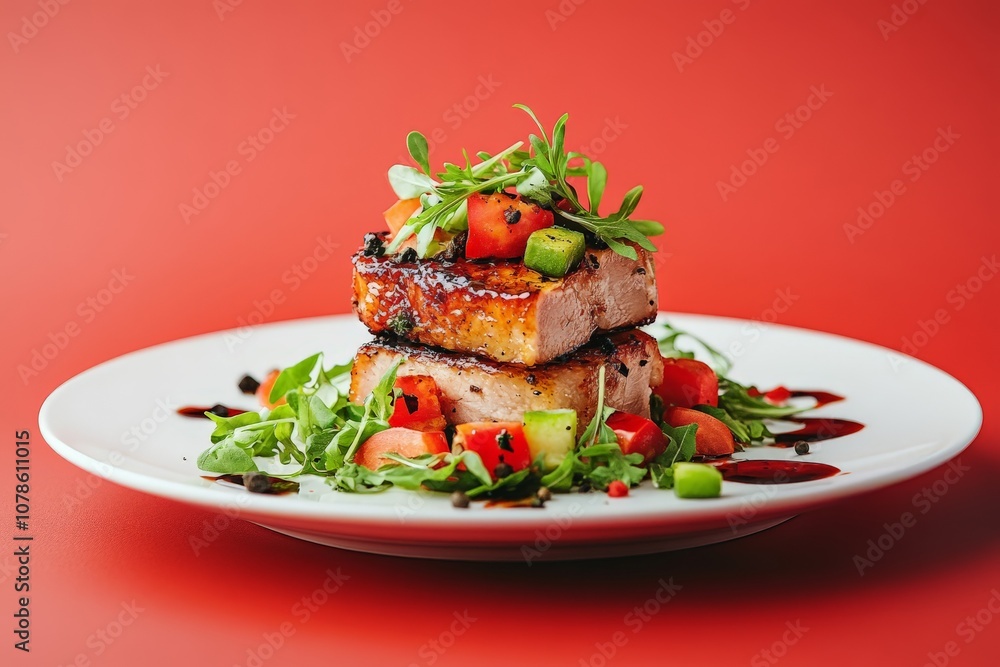 Grilled chicken breast served on a bed of arugula salad drizzled with balsamic glaze and garnished with cherry tomatoes for a vibrant and wholesome entrée Grilled chicken breast served on a bed of arugula salad drizzled with balsamic glaze and garnished with cherry tomatoes for a vibrant and wholesome entrée
