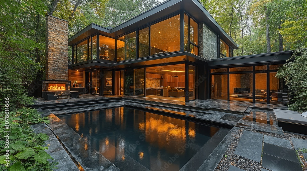 Modern house with swimming pool and fireplace. Modern house with swimming pool and fireplace.