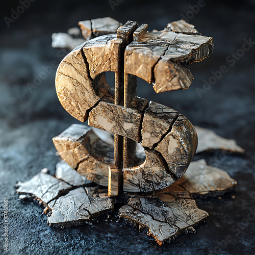 Crumbling dollar symbol on cracked pedestal, representing economic instability and financial challenges. texture and detail evoke sense of decay and concern photo