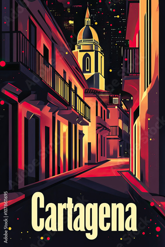 Cartagena, Colombia, modern vintage travel poster, wallpaper, background, banner, backdrop, retro card print. Graphic designed, professional, simple. Dark, red, blue, white, black