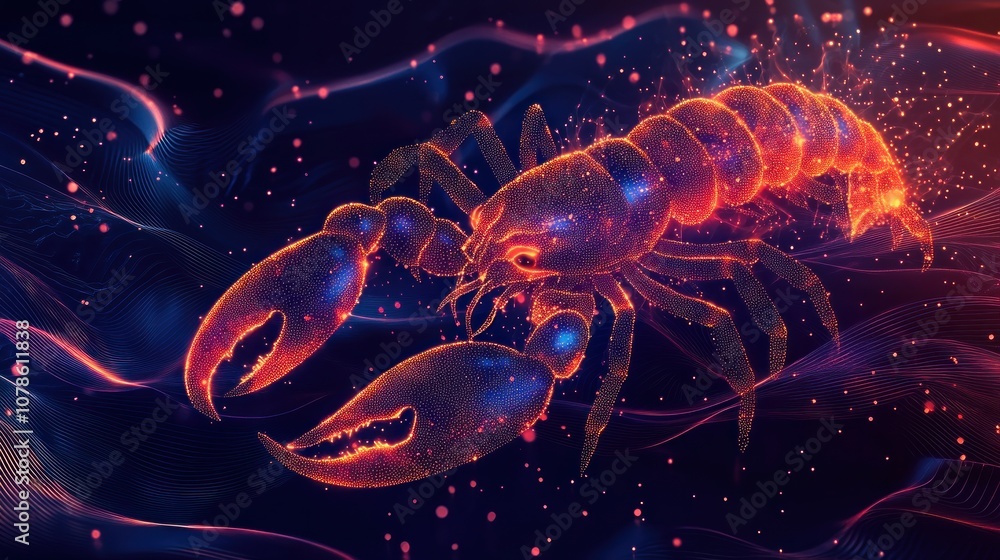 A glowing red lobster with a sparkling effect against a dark blue and red background with wavy lines. A glowing red lobster with a sparkling effect against a dark blue and red background with wavy lines.