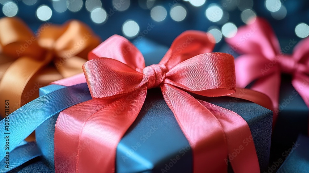 Colorful wrapped gifts with bows against a bokeh background. Colorful wrapped gifts with bows against a bokeh background.