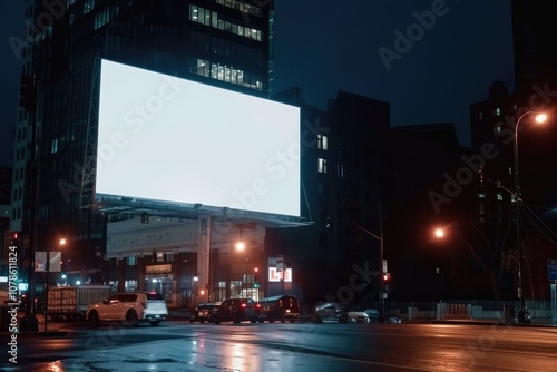 Night Cityscape with Illuminated Empty Billboard on Street