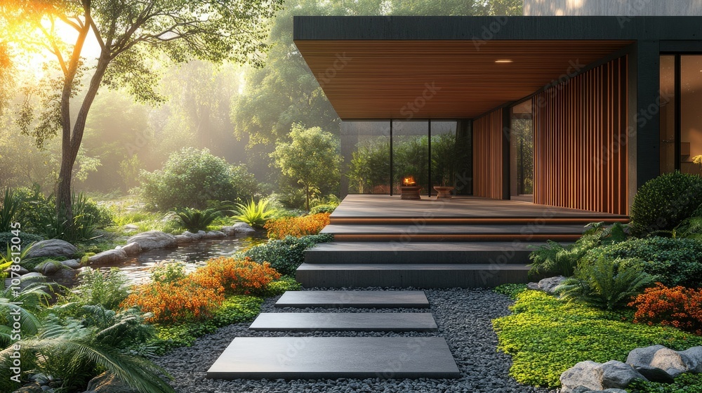 Obraz premium Modern house with wooden facade and large windows surrounded by lush greenery and a small stream.