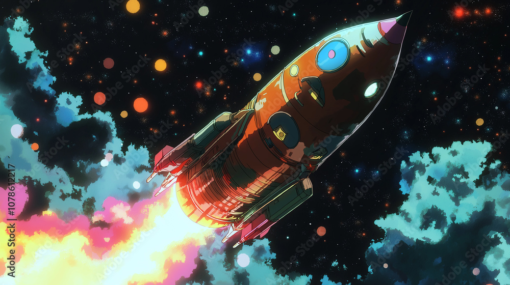 Fototapeta premium Anime or manga style space rocket. Animated cartoon scene.