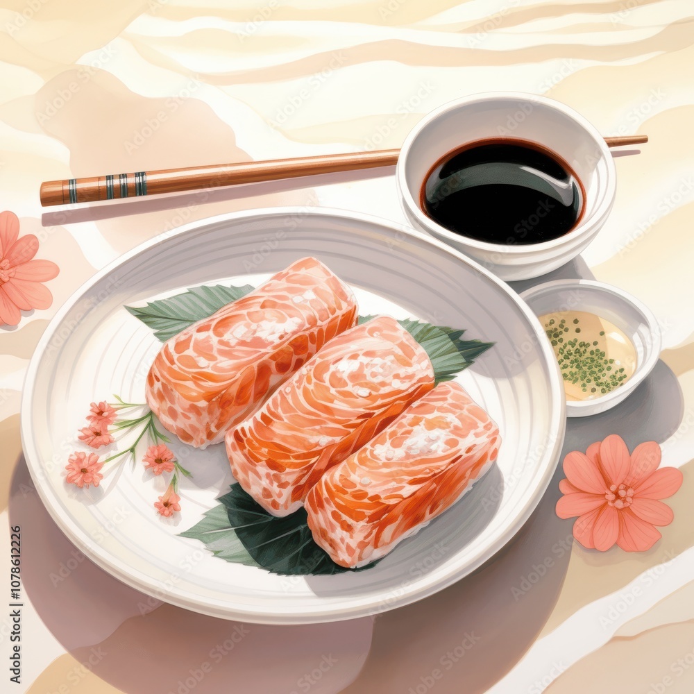 A fresh plate of salmon sushi with slices of raw fish arranged neatly A fresh plate of salmon sushi with slices of raw fish arranged neatly