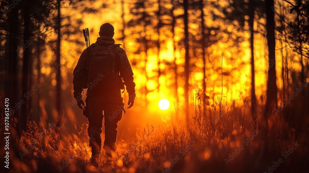 Fototapeta premium Silhouette of a Hunter Walking Through a Forest at Sunset
