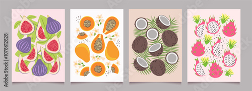 Fruit, berries and flower posters set. Abstract summer template backgrounds with figs, papaya, coconut, pitahaya in minimalist design. Simple flat vector illustration.