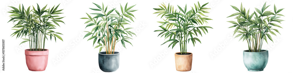 Fototapeta premium Bamboo Palm Houseplants Potted in Colorful Decorative Ceramic Containers for Bringing Natural Green Foliage into Modern Home and Office Spaces