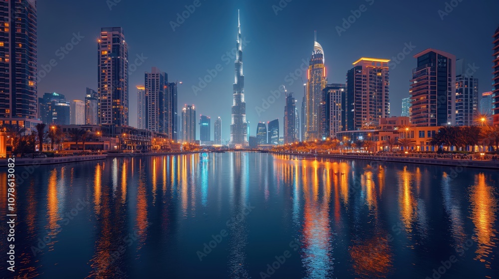Naklejka premium Mega tall skyscrapers. Modern glass skyscrapers against the sky. Tall modern skyscrapers with glass facades reflecting the surroundings. Night architecture.