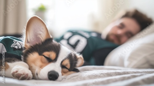 A corgi puppy wearing a green jersey sleeps peacefully on a bed, while a man lies in the background. photo