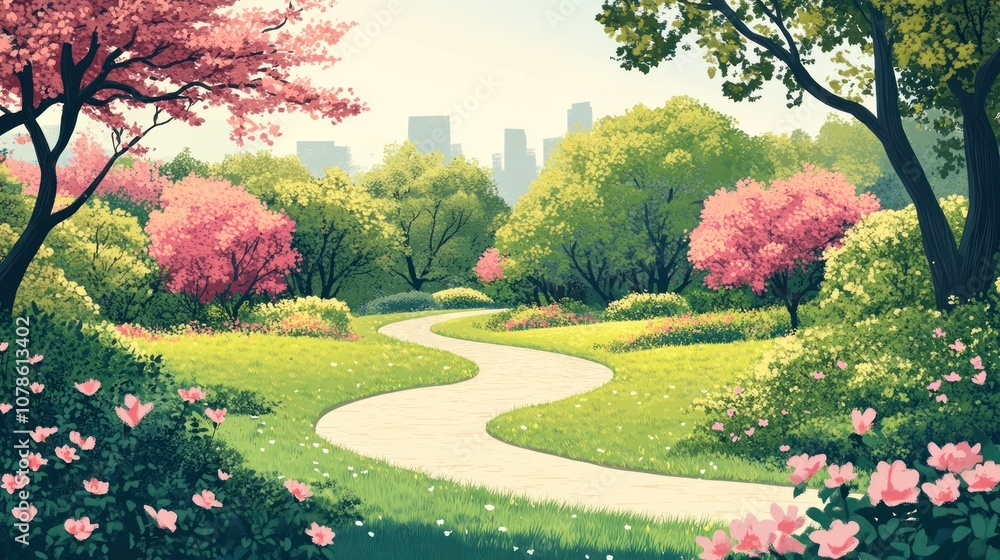 A winding path leads through a lush green park with pink flowering trees and a city skyline in the distance. A winding path leads through a lush green park with pink flowering trees and a city skyline in the distance.