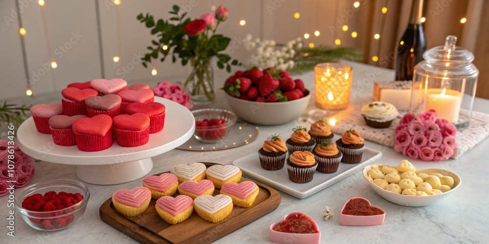 Naklejka premium Sweet Valentine's Day Food Photography Featuring Heart-Shaped Treats, Colorful Desserts, Love-Themed Snacks, and Cozy Table Settings Celebrating Hugs and Squeezes of Love