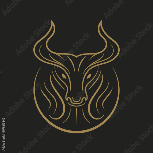 Raging bull  or minotaur line art vector logo with gold and black background