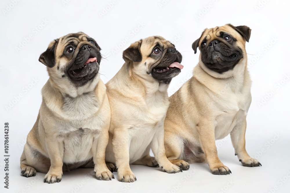 Three Pugs Sitting Together on a White Background with Ample Copy Space for Pet Lovers and Dog Enthusiasts to Use in Various Designs and Marketing Materials Three Pugs Sitting Together on a White Background with Ample Copy Space for Pet Lovers and Dog Enthusiasts to Use in Various Designs and Marketing Materials