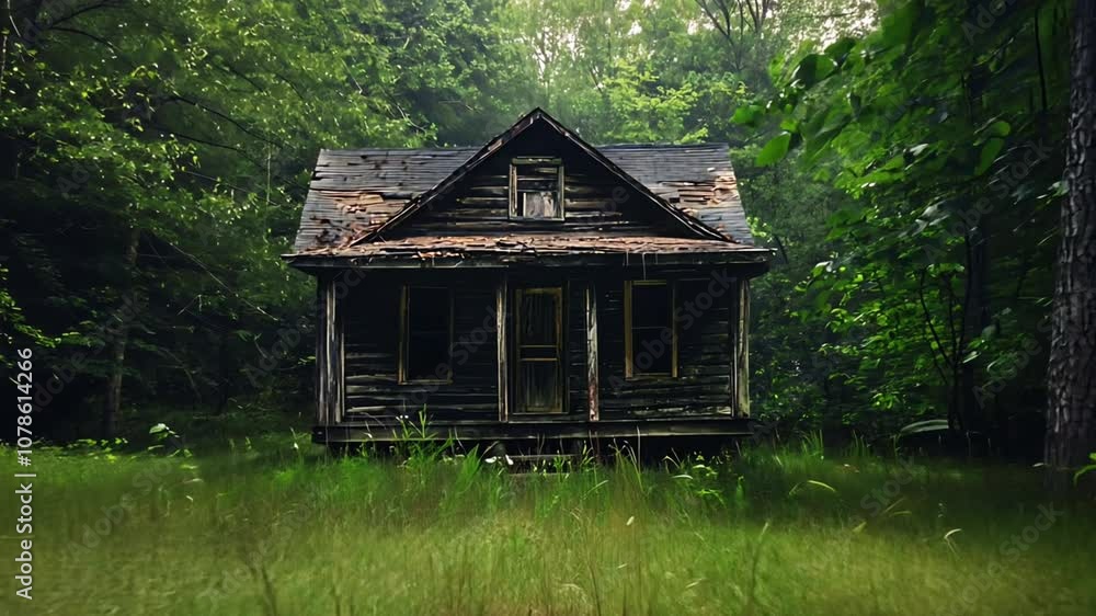 A weathered, abandoned house in the woods, a symbol of forgotten times and lost memories. A weathered, abandoned house in the woods, a symbol of forgotten times and lost memories.
