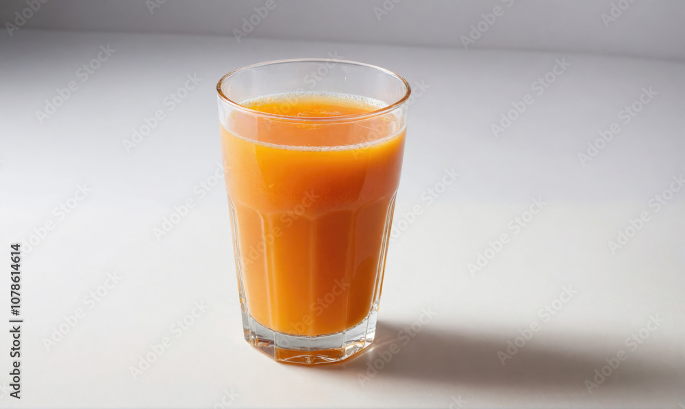 A glass of orange juice sits on a white table, ready to be enjoyed A glass of orange juice sits on a white table, ready to be enjoyed