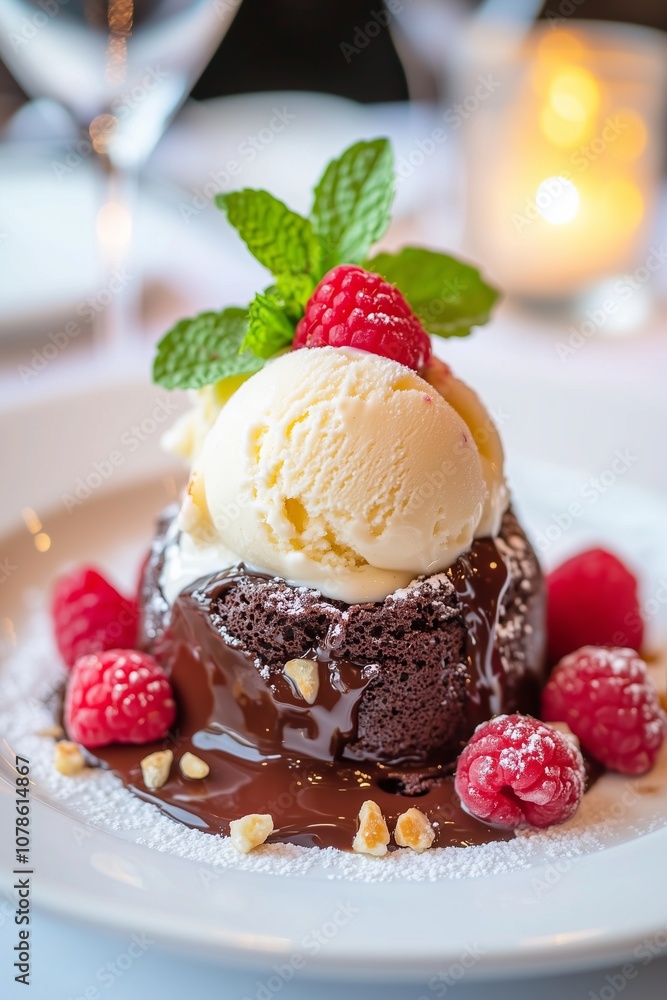 Decadent Chocolate Lava Cake with Vanilla Ice Cream Fresh Raspberries and Mint Leaves Garnish Decadent Chocolate Lava Cake with Vanilla Ice Cream Fresh Raspberries and Mint Leaves Garnish
