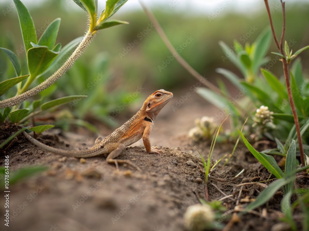 Fototapeta premium Tilt-Shift Photography of Otocryptis wiegmanni in Its Natural Habitat, Showcasing Its Unique Features and Behavior Amidst Vibrant Flora and Fauna of the Environment