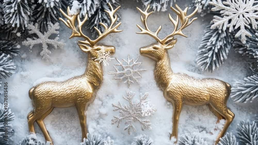 Golden reindeer and silver snowflakes with a backdrop of frosted evergreen branches Golden reindeer and silver snowflakes with a backdrop of frosted evergreen branches
