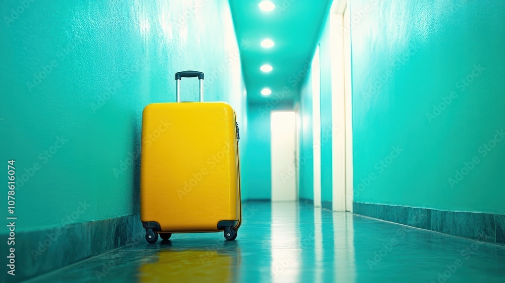 Yellow Suitcase in a Hotel Corridor Yellow Suitcase in a Hotel Corridor