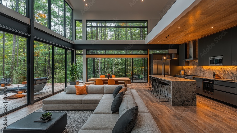 Modern open concept living room with large windows, grey sectional sofa, and wood floor. Modern open concept living room with large windows, grey sectional sofa, and wood floor.