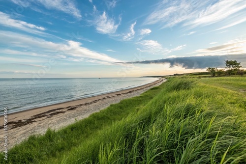 Tranquil Beach Scene with Vibrant Grass and Calm Sea, Perfect for Nature Lovers and Travel Enthusiasts Seeking Serene Landscapes and Relaxation