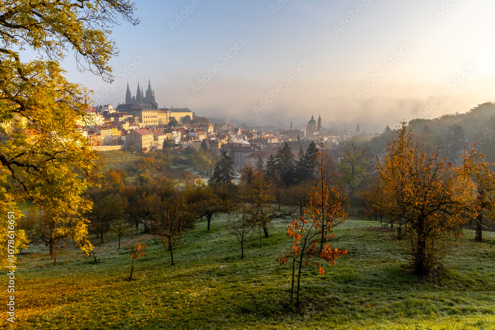 Fototapeta premium Prague at foggy morning.