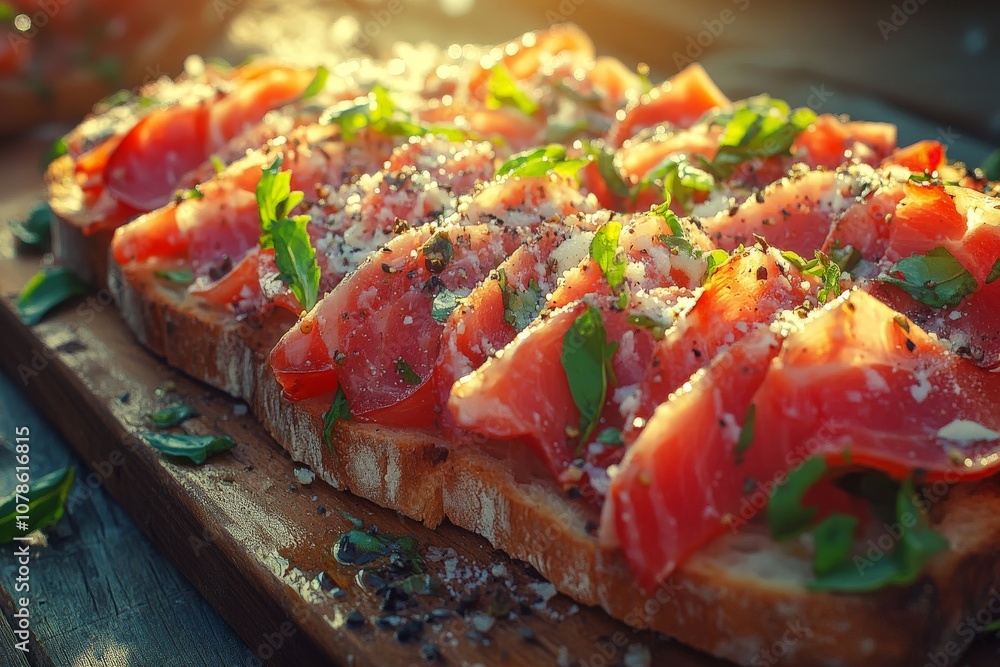 Crusty bruschetta topped with fresh tomatoes and basil drizzled with olive oil and balsamic vinegar for a classic and rustic Italian inspired appetizer Crusty bruschetta topped with fresh tomatoes and basil drizzled with olive oil and balsamic vinegar for a classic and rustic Italian inspired appetizer