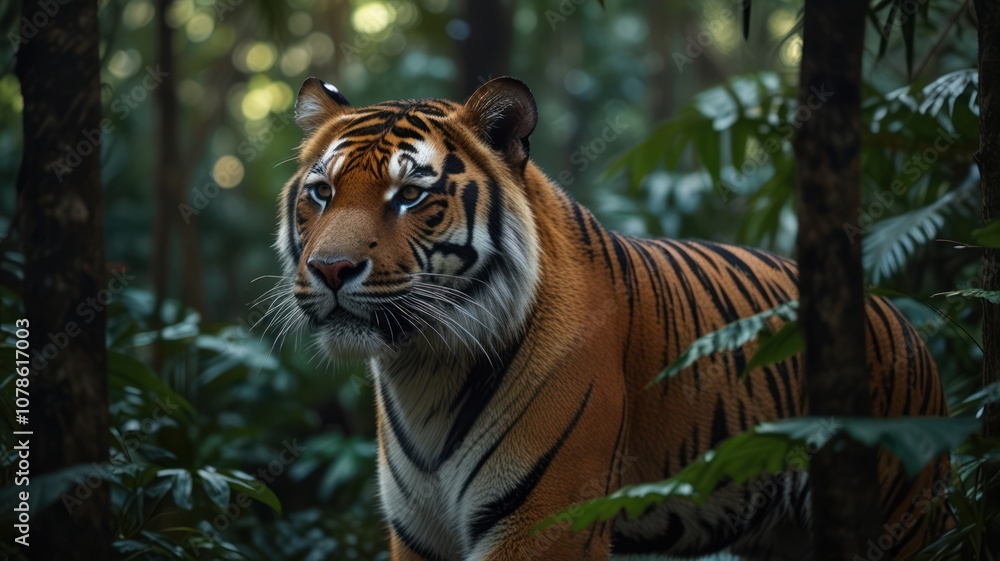 Fototapeta premium A majestic tiger with bright eyes stares intently at the camera through lush greenery.