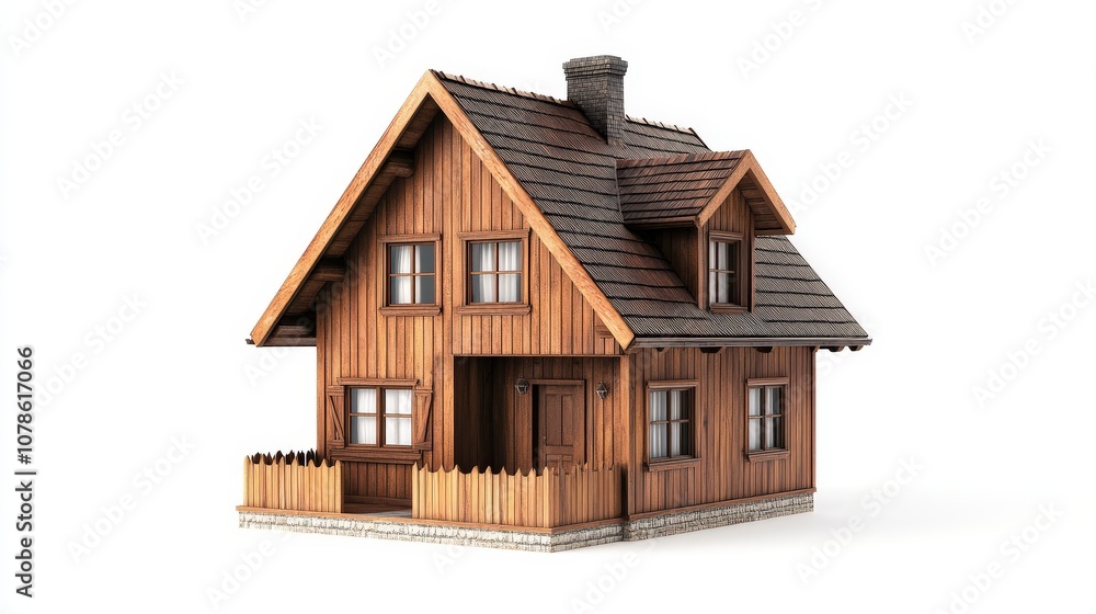 Wooden House with Shingled Roof and Fence