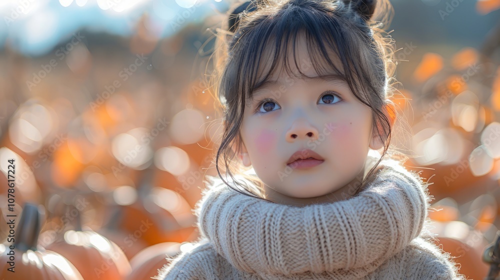 A young girl with rosy cheeks looks up thoughtfully, surrounded by a field of pumpkins. A young girl with rosy cheeks looks up thoughtfully, surrounded by a field of pumpkins.