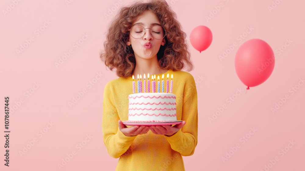 Young girl celebrating her birthday with a colorful cake and balloons, creating joyful moments in a festive atmosphere. Young girl celebrating her birthday with a colorful cake and balloons, creating joyful moments in a festive atmosphere.