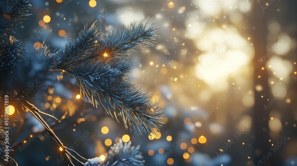 Sparkling Winter Pine Tree Close-Up at Sunset Sparkling Winter Pine Tree Close-Up at Sunset