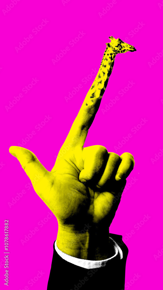 Yellow hand with giraffe head extending from index finger, set against vibrant pink background. Contemporary art collage. Concept of pop art design, creativity, imagination, nature, and humor. Yellow hand with giraffe head extending from index finger, set against vibrant pink background. Contemporary art collage. Concept of pop art design, creativity, imagination, nature, and humor.