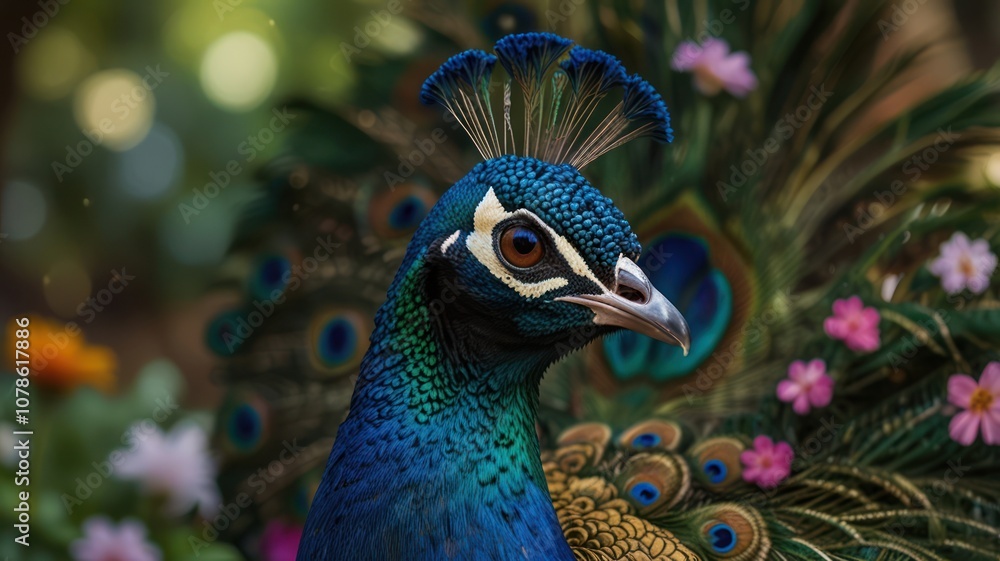 A close-up portrait of a majestic peacock with vibrant blue feathers and a crown-like crest, set against a backdrop of colorful flowers and blurred greenery. A close-up portrait of a majestic peacock with vibrant blue feathers and a crown-like crest, set against a backdrop of colorful flowers and blurred greenery.