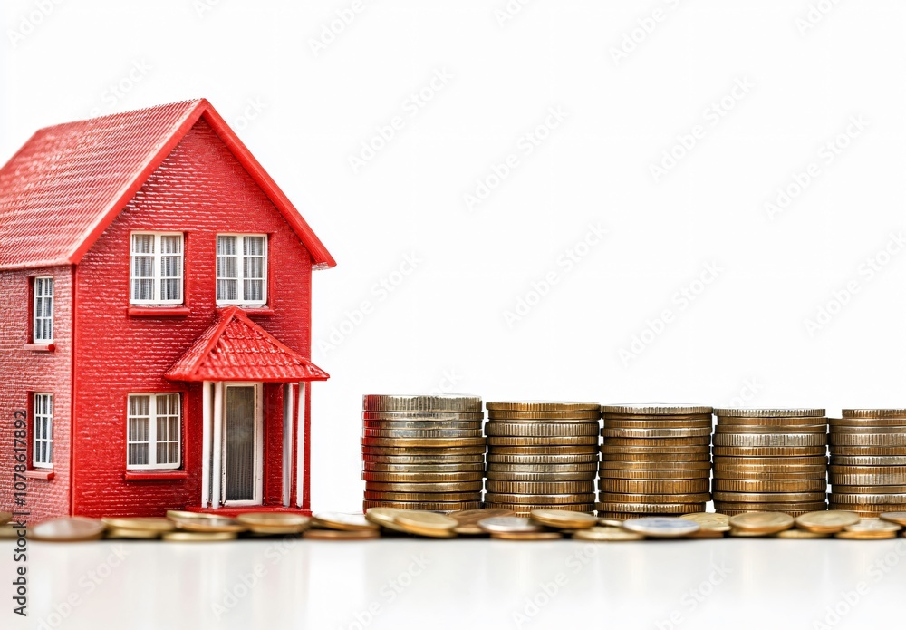 Red House Model with Coin Stacks for Real Estate Concept Red House Model with Coin Stacks for Real Estate Concept