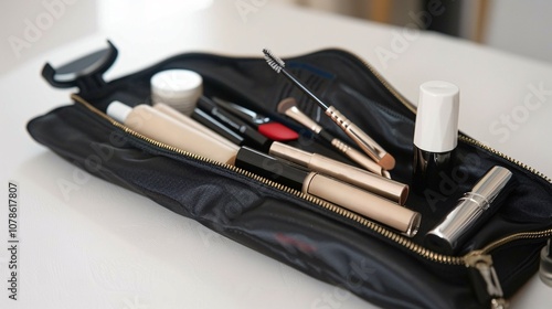 Assortment of diverse makeup accessories cosmetic tools and beauty products neatly organized inside a stylish cosmetic bag or vanity case