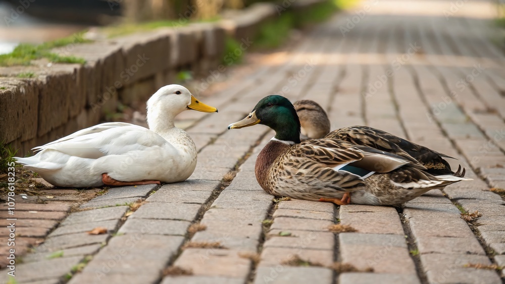 Tranquil Scene of Three Ducks Resting on a Brick Sidewalk in a Serene Urban Environment with Soft Natural Lighting and Rich Textures for Product Photography