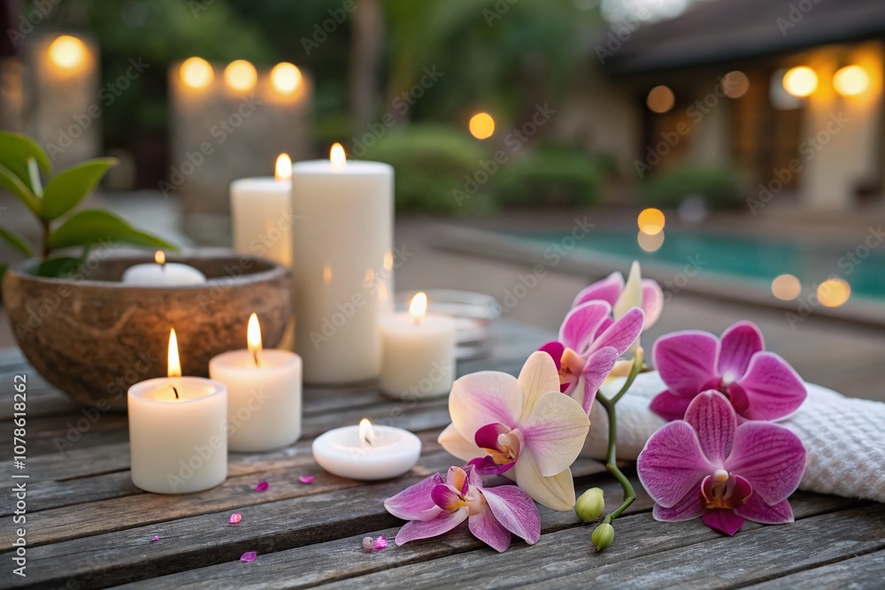 Tranquil Spa Setting with Candles and Orchids on a Rustic Wooden Table, Perfect for Relaxation and Wellness Themes in Stock Photography Tranquil Spa Setting with Candles and Orchids on a Rustic Wooden Table, Perfect for Relaxation and Wellness Themes in Stock Photography