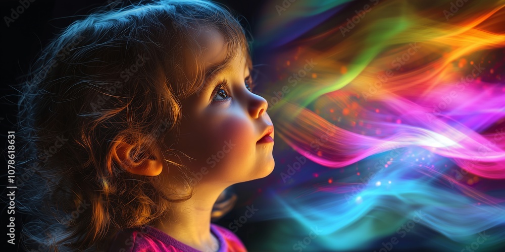 A young child gazes in wonder at swirling rainbow colors, capturing the essence of innocence and curiosity. A young child gazes in wonder at swirling rainbow colors, capturing the essence of innocence and curiosity.