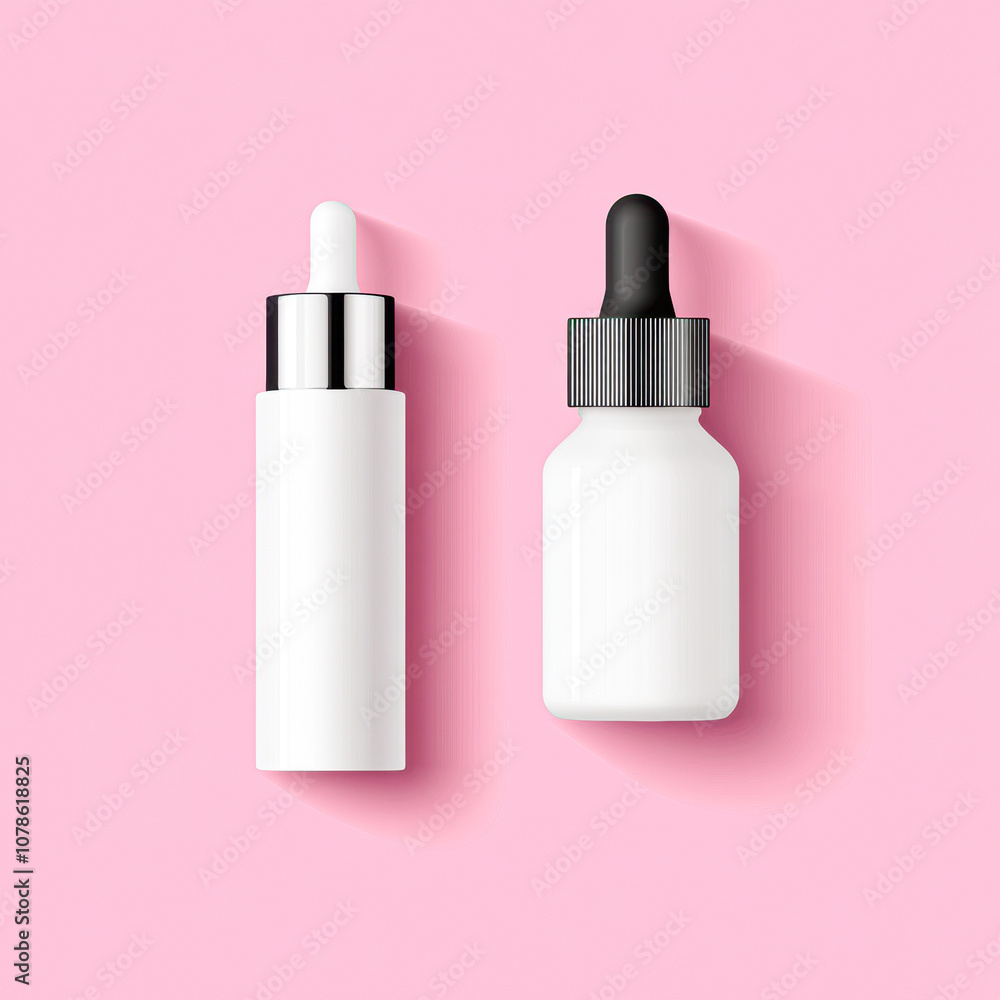 Two bottles of perfume are on a pink background Two bottles of perfume are on a pink background