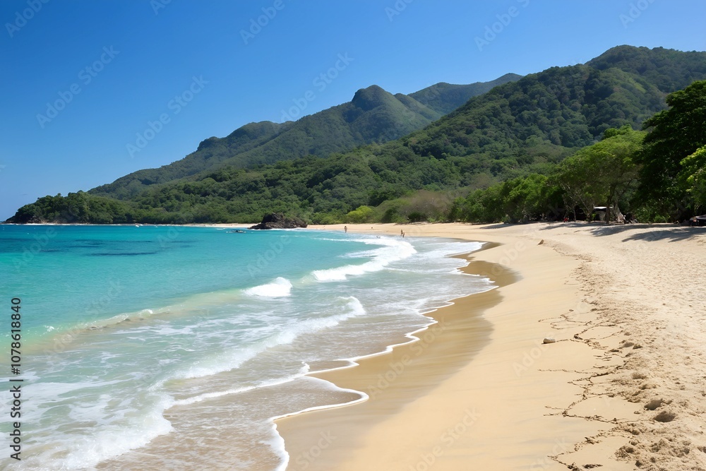 Pristine beach with clear water and lush mountain backdrop under a blue sky Pristine beach with clear water and lush mountain backdrop under a blue sky