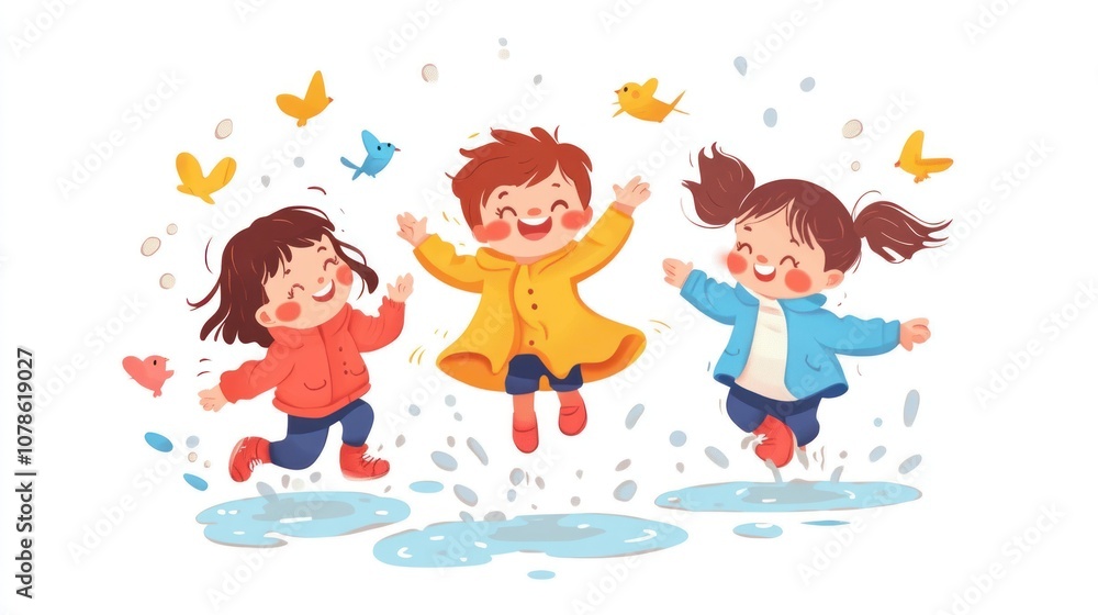Happy Children Jumping in Puddles Happy Children Jumping in Puddles