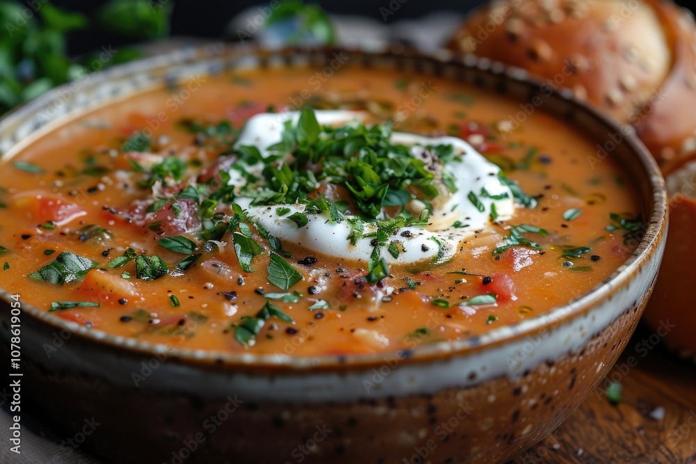 Close-up of Tomato Soup with Cream and Fresh Herbs in a Bowl Close-up of Tomato Soup with Cream and Fresh Herbs in a Bowl