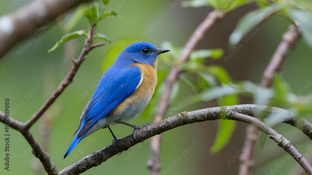 A photo of a blue bird perched on a branch. The bird has a bright blue body and a yellow beak. The background is a dense forest with green leaves. The lighting is soft. A photo of a blue bird perched on a branch. The bird has a bright blue body and a yellow beak. The background is a dense forest with green leaves. The lighting is soft.